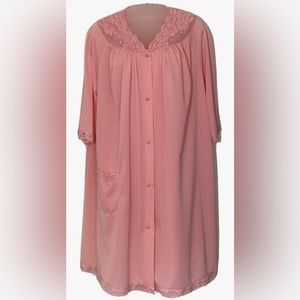 Vintage ShadowLine Robe Nightgown Slip Pink Short 3/4 Sleeves Nylon Size L